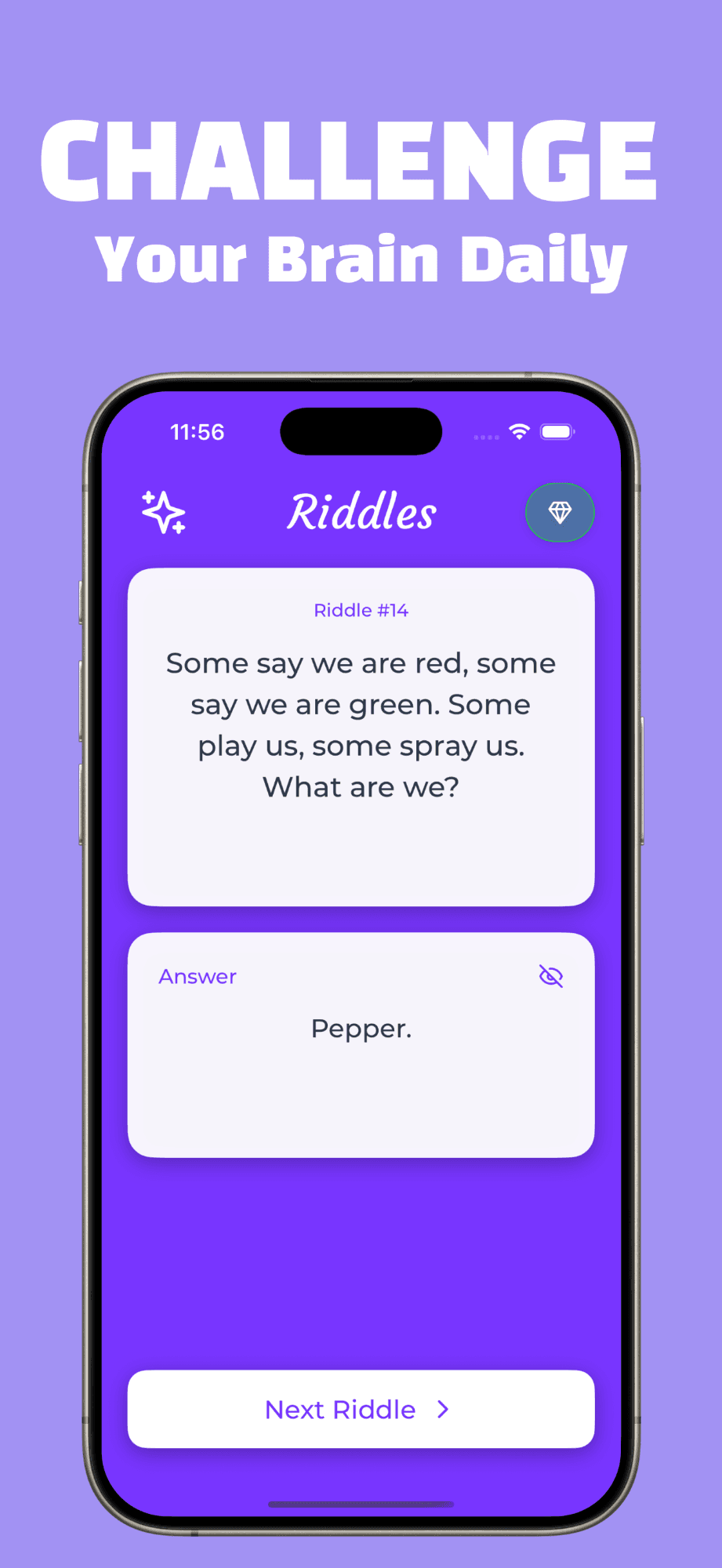 Riddles app screen with the answer revealed below the riddle