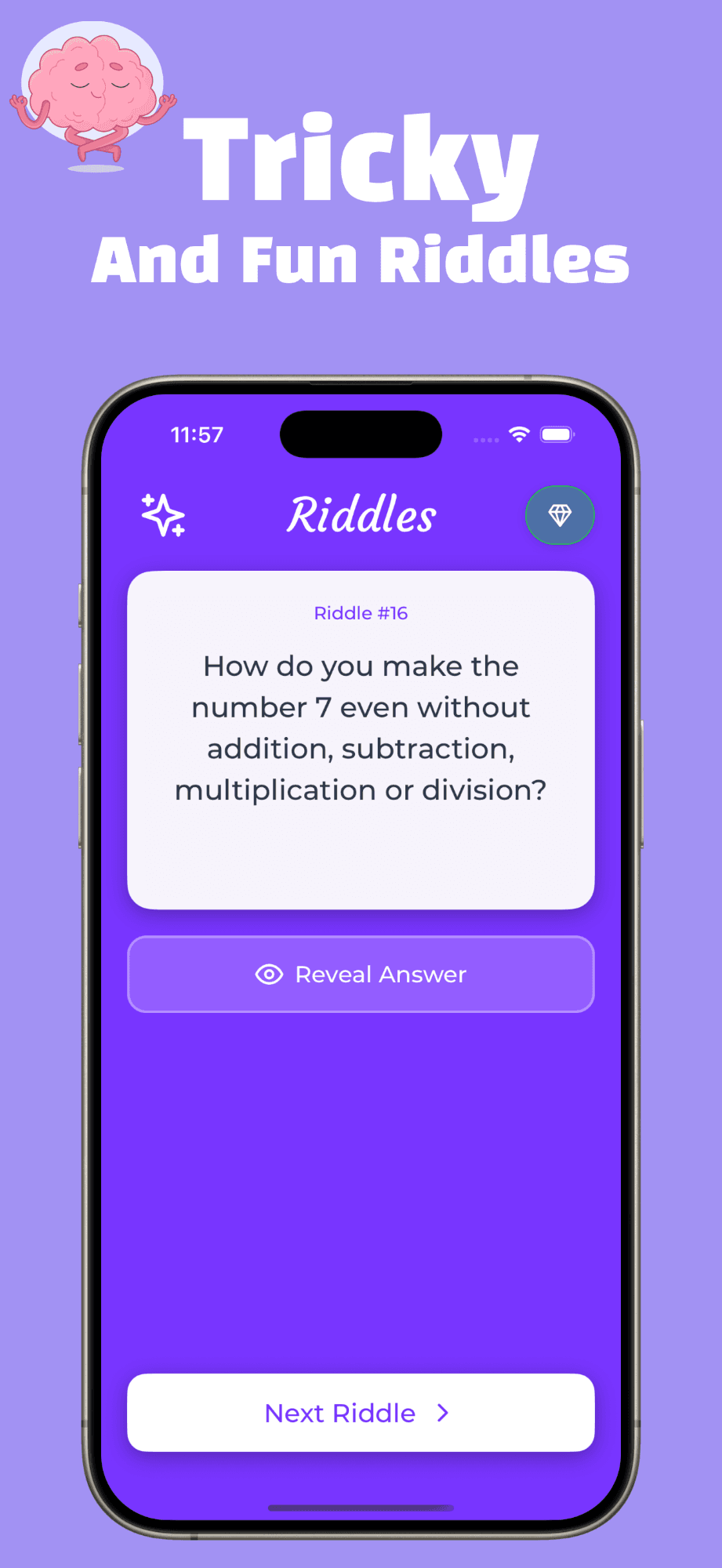 Riddles app screen showing a tricky number riddle